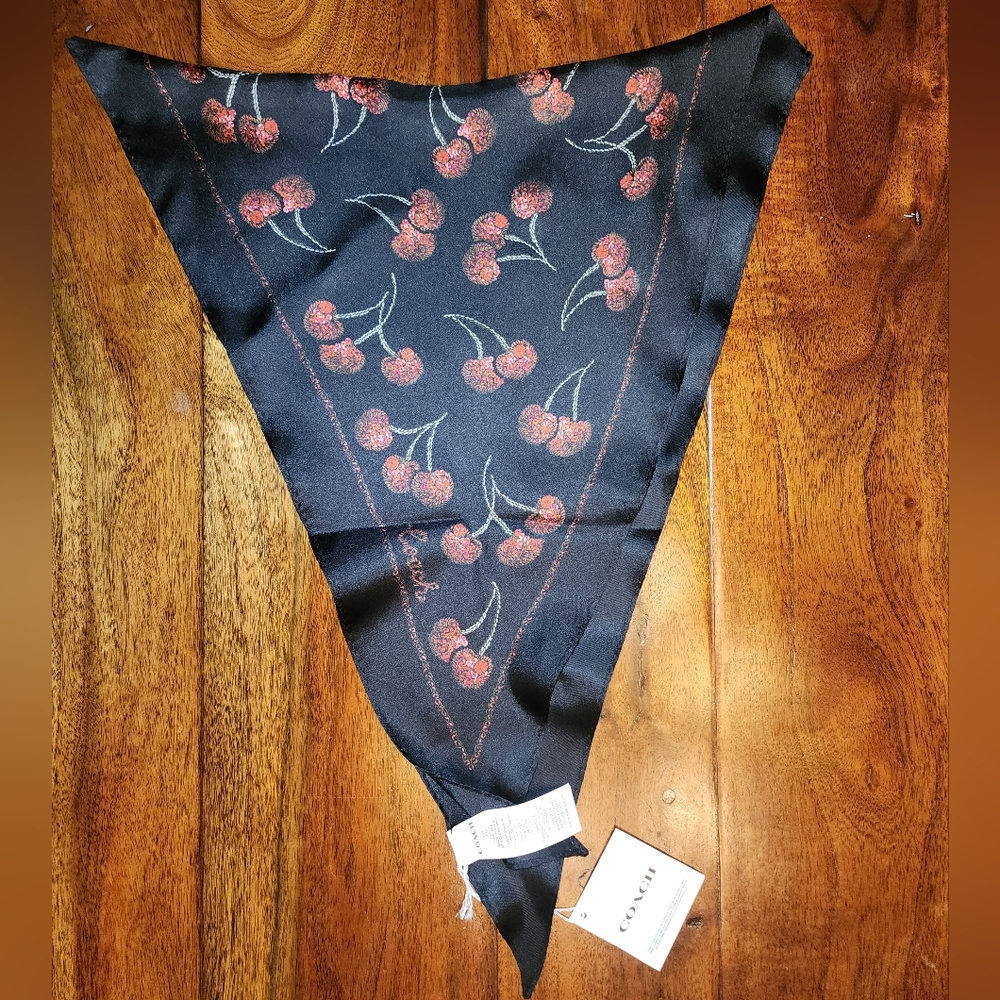 Authentic Coach Silk Diamond Black Scarf with Red Cherry Print Design NWT Cute! - Picture 2 of 4